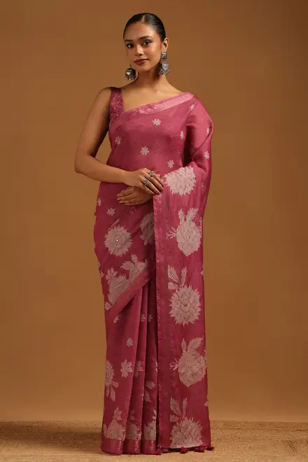 Magenta Silk Blend Floral Embroidered Saree